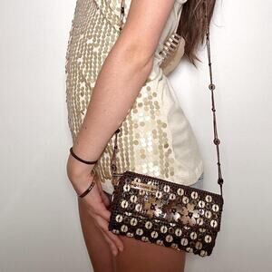 Brown and white woven crossbody purse